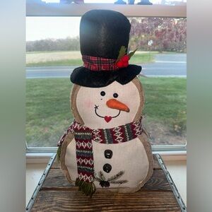 Charming Burlap Snowman Pillow Decor with Black Hat and Red Scarf